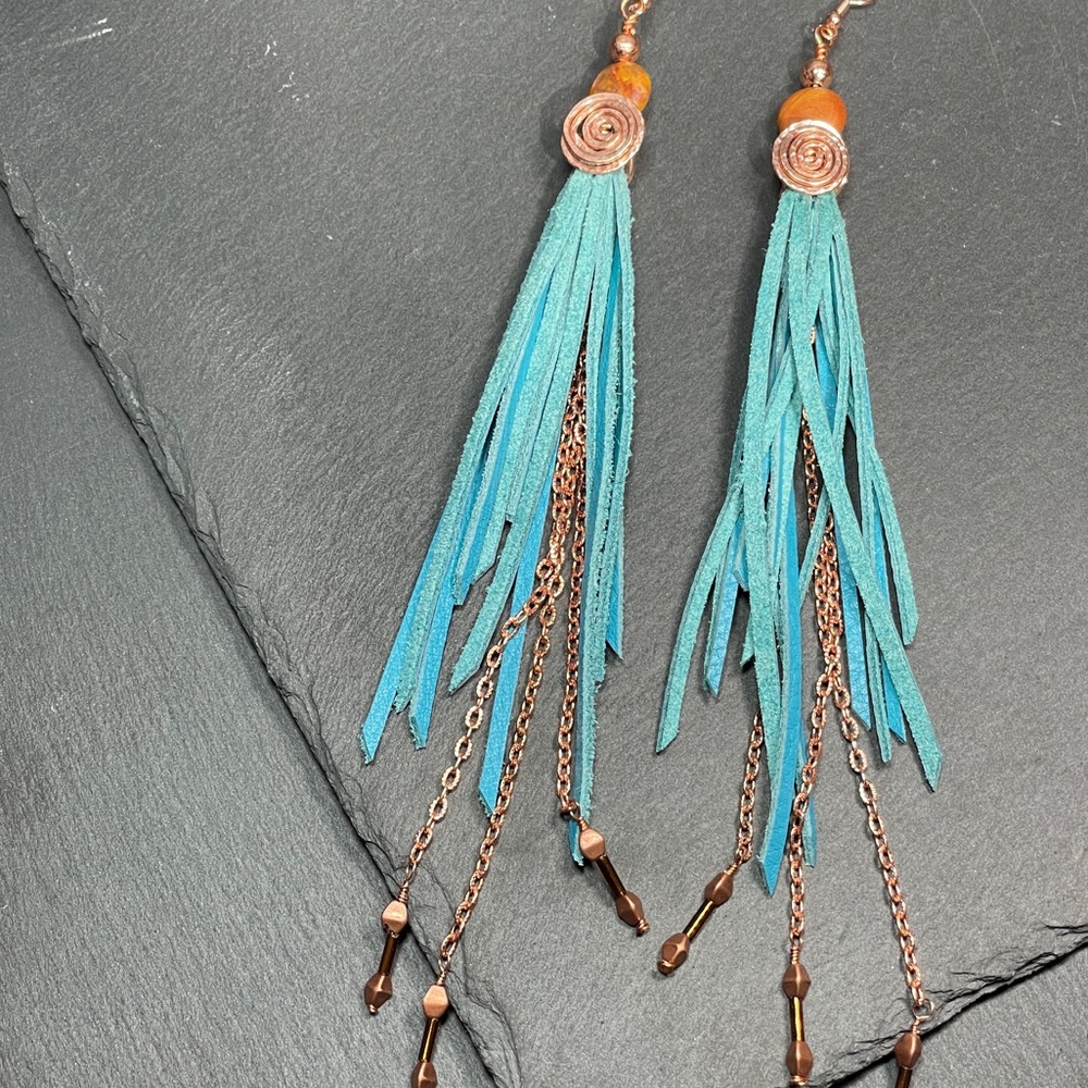 Natural Jasper And Genuine Turquoise Blue Leather Fringe And Copper Artisan - Picture 10 of 14